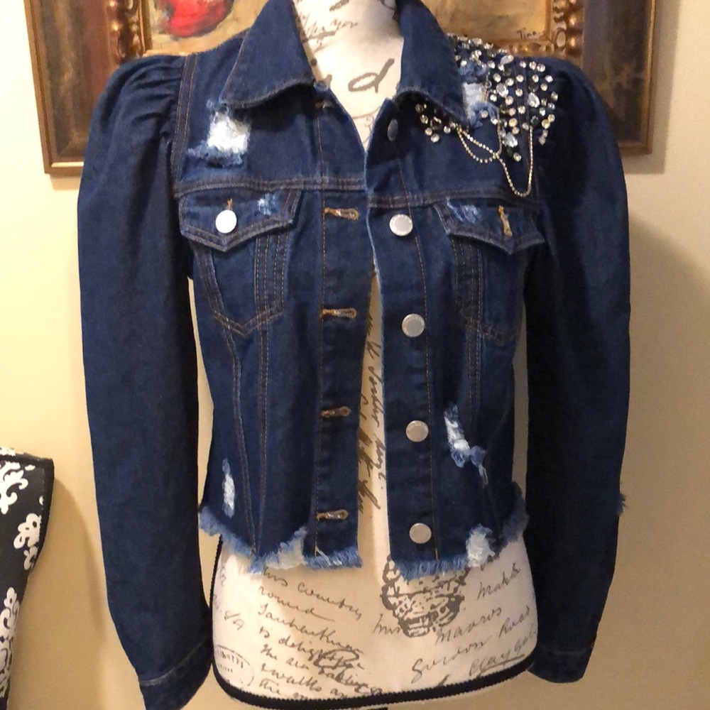 Denim Blvd Puff sleeve crystals detail cropped ripped, distressed jean jacket